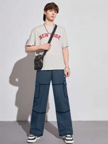 SHEIN Teenboys' Casual Versatile Cargo Pocket Black Woven Pants With White Stitching Detail - Dusty Blue - View 6