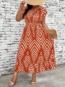 Breezaya Plus Size Women's Contrast Color Pattern V-Neck Casual Everyday Dress - Hot Pink - View 6