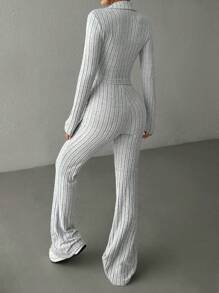 SHEIN EZwear SHEIN EZwear Autumn Zippered Ribbed Knit Cropped T-Shirt And Flared Pants Two-Piece Set