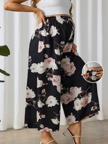 SHEIN Maternity Floral Printed Loose Casual Wide Leg Pants - Black - View 2