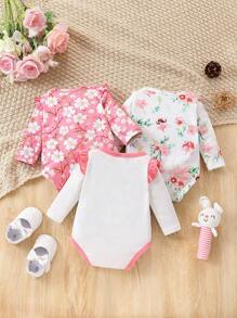 Baby Girls  Fairy Floral Pattern Front Sleeves Ruffled Long Sleeves Three-Piece Bodysuit
