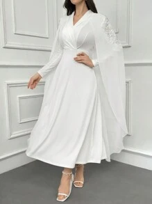 Modelyn 女士纯色简约日常亮片装饰斗篷袖阿拉伯朴素长袖连衣裙长款晚礼服 - 白色 - 查看 4