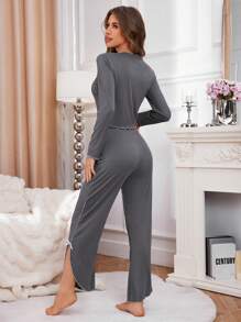 Women Bow-Knot Neck Long Sleeve Top And Pants Lounge Set - Dark Grey - View 2