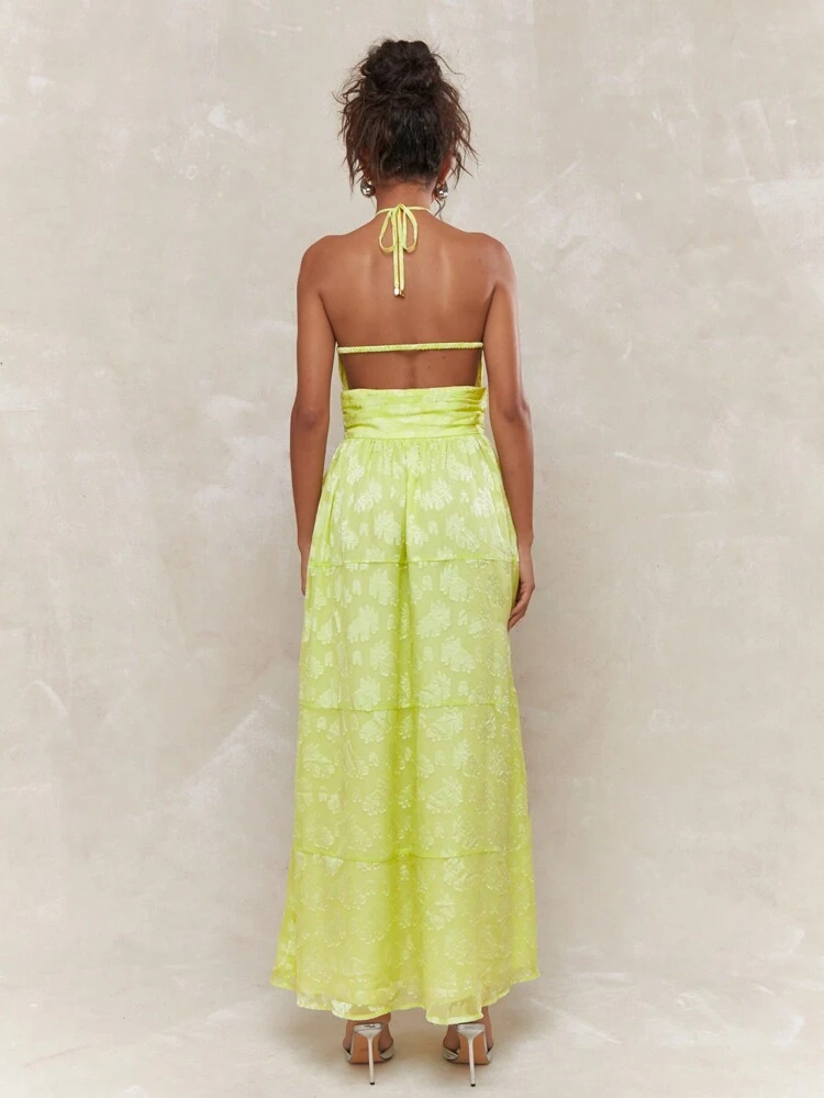 MISSGUIDED Boho Brocade Style Lace Halter Neck Asymmetric Ruffle Hem Maxi Dress With Flower Applique