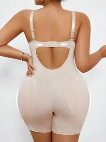1pc Plus Size Women High Elastic Lace Patchwork Bodysuit Slimming Shapewear - Apricot - View 4
