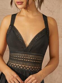 L'Amorae Crochet Trim Tier Back Cross Dress ,Black Dress - Black - View 3