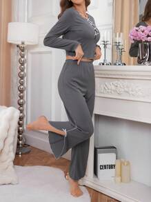 Women Bow-Knot Neck Long Sleeve Top And Pants Lounge Set - Dark Grey - View 5