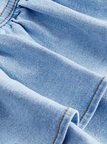 SHEIN MOD 女士夏季牛仔短裙，蝴蝶結裝飾和荷葉邊設計 - 淺色水洗藍 - 查看 3