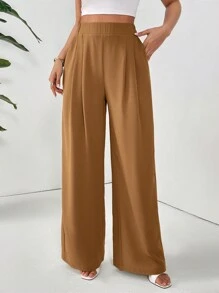 SHEIN Essnce Pantalones básicos sencillos de un solo color para mujer para uso diario - Marrón - Ver 5