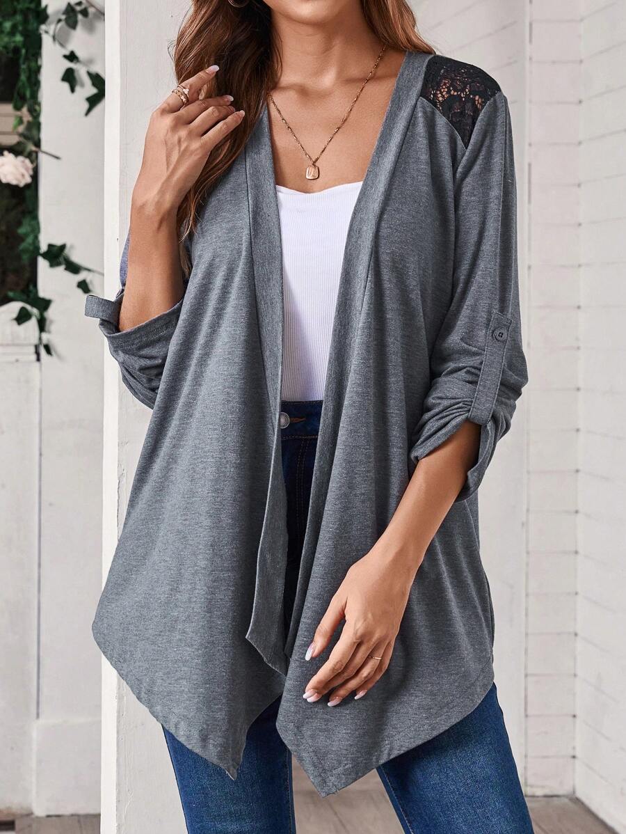 EMERY ROSE 女士长袖卷边纯色简约前开休闲开衫 - 彩色 - 查看 1