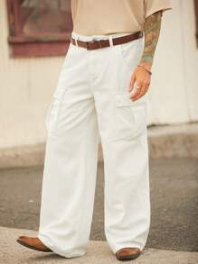 Manfinity Homme Men's Retro Streetwear Beige Wide Leg Baggy Jeans - Beige - View 4