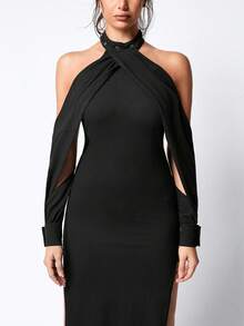 ROMWE Grunge Punk Gothic Style Asymmetrical Sleeve Slim Fit High Slit Women Midi Dress - Black - View 2