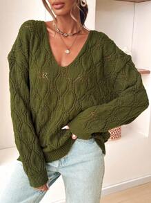 SHEIN VCAY Women's Solid Color Simple Everyday Knit Long Sleeve Sweater - Army Green - View 5