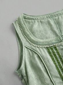 SHEIN Frenchy 女士短袖刺绣方形领口系带鸡尾酒会礼服 - 綠色 - 查看 3