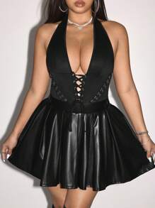 SHEIN ICON Plus Size Summer Sexy Criss-Cross Strap Backless Halter Neck Dress - Black - View 1