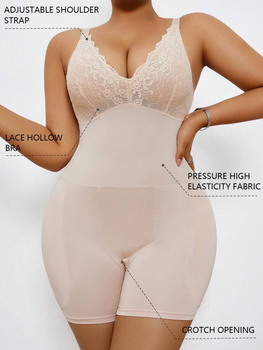 1pc Plus Size Women High Elastic Lace Patchwork Bodysuit Slimming Shapewear - Apricot - View 1