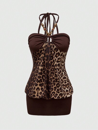 Hippie Vestido midi ajustado con estampado de leopardo, decorado con cuentas, tipo halter, en estilo retro y sexy de la era Y2K para mujeres