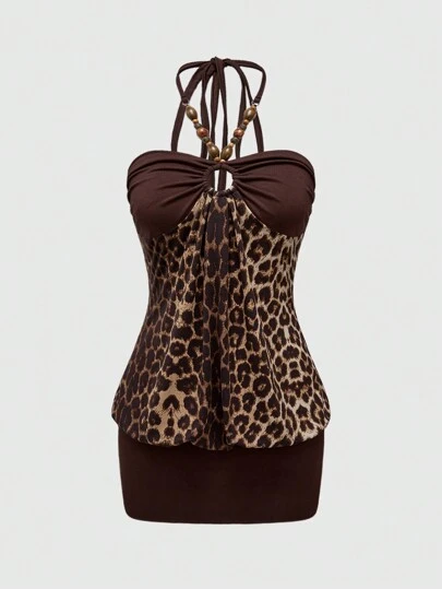 Hippie Abito midi attillato da donna in stile Gyaru retrò Y2K, sexy, con decori in perline, patchwork e stampa leopardata