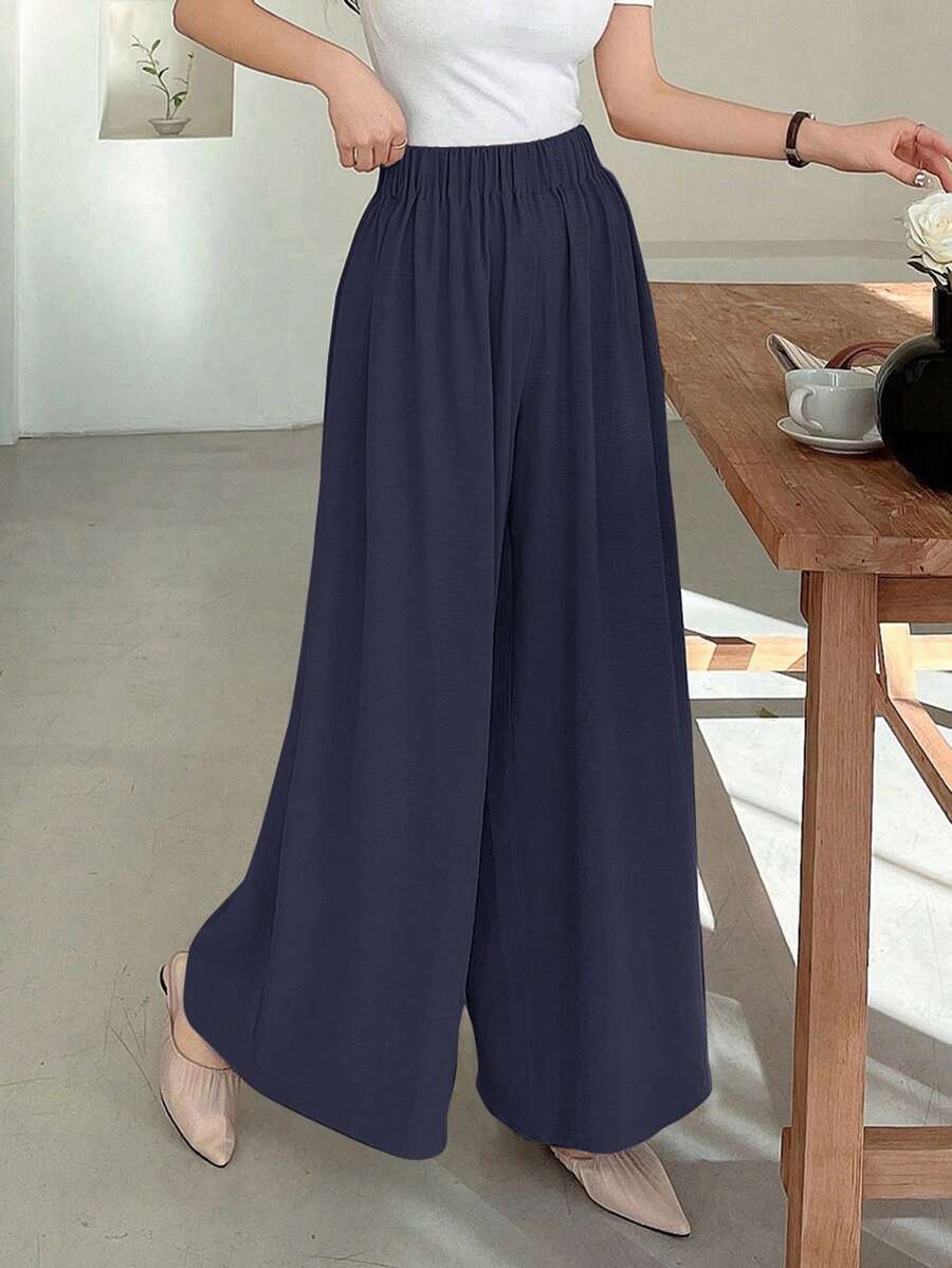 DAZY 女士宽松纹理腰部阔腿长裤，秋季服装 - 藏蓝色 - 查看 1