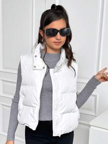 SHEIN 少女编织纯色立领口袋宽松休闲加厚无袖棉服外套 - 白色 - 查看 4