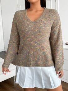 SHEIN Unity 加大码套头毛衣，彩色圆点图案针织衫，秋冬款 - 卡其色 - 查看 1