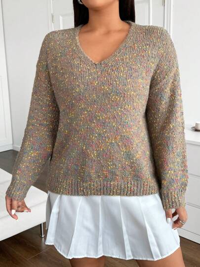 Flirla Plus Size Pullover Sweater With Colorful Dot Pattern Knit Pullover Fall Winter Outfit