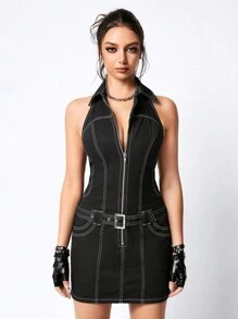 ROMWE Grunge Punk Đầm denim hở lưng có khóa kéo cổ yếm tương phản, may nổi cho nữ, đi học - màu đen - Xem 5