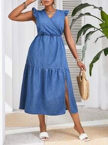 SHEIN VCAY Plus Size Blue Denim Dress Ruffle Wrap Long Dress Casual Vacation Teacher Dress Back To School Fall Women Outfits Fall Dresses Office Wear - Medium Wash - View 4