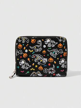Goth 1 pieza Cartera pequeña negra con cremallera y diseño sencillo de calabaza y dinosaurio de Halloween para mujeres