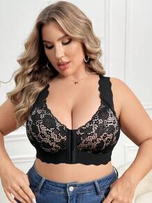 大码对比色蕾丝前扣式无钢圈文胸内衣 - 黑色 - 查看 5