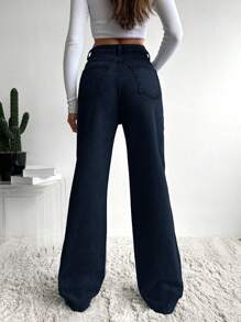 SHEIN Cottnline High Waist Wide Leg Jeans - Navy Blue - View 4