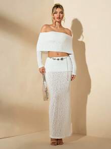 SHEIN BAE 2 pièces Ensemble top court et jupe d'épaules dénudées élégant unicolore d'été pour femmes