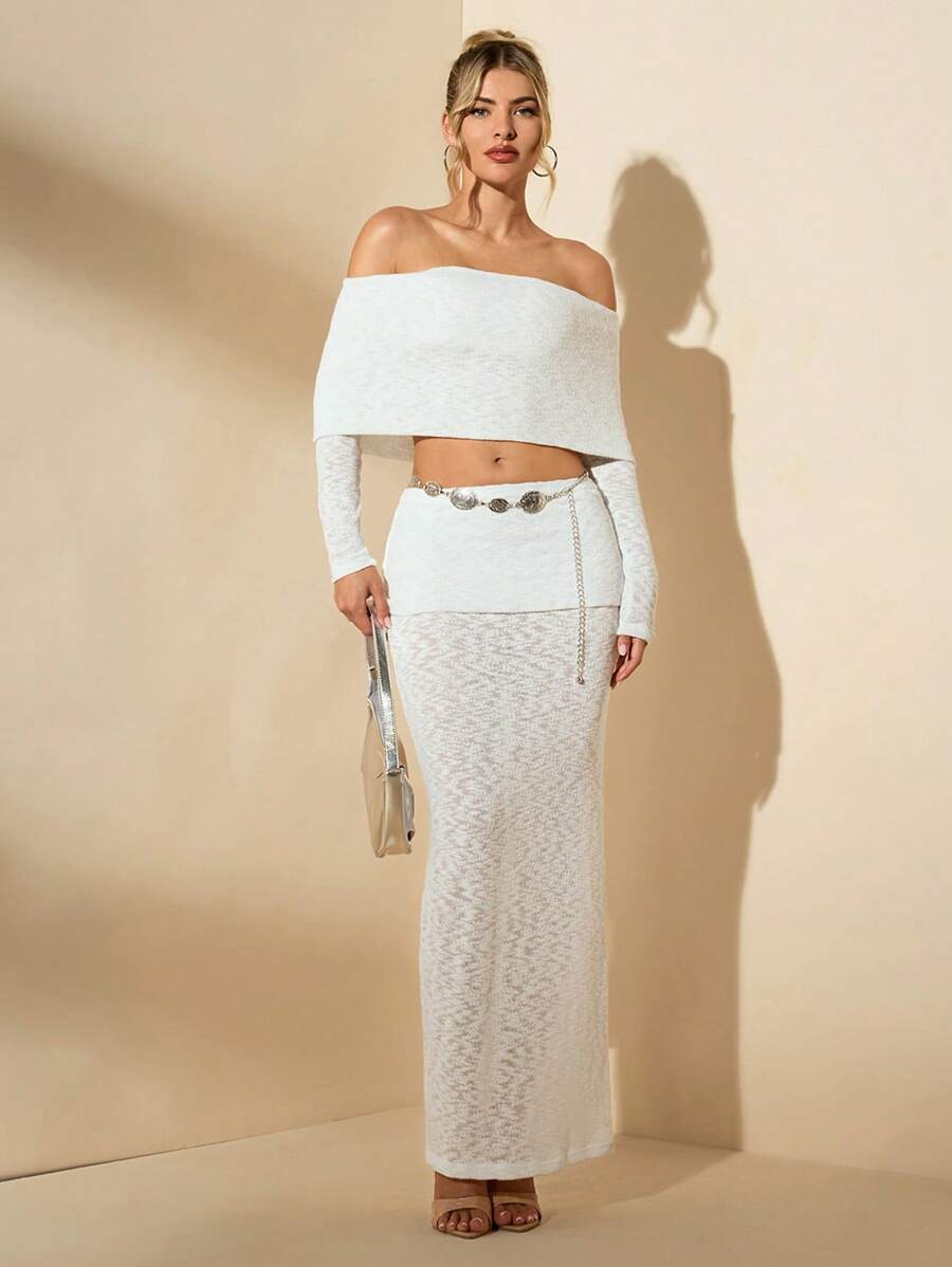 SHEIN BAE 2 pièces Ensemble top court et jupe d'épaules dénudées élégant unicolore d'été pour femmes