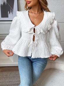 Chiquease Blusa oversize con colletto a fiocco e bottoni frontali in tessuto jacquard per donna - Bianco - Visualizzare 5
