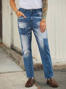 Manfinity Homme Men's Retro Casual Loose Straight Leg Patchwork Mid-Blue Denim Pants - Medium Wash - View 3