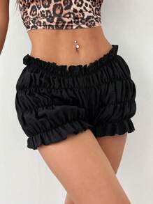 SHEIN EZwear Women Solid Color Simple Daily Lantern Shorts With Ruffle Hem Decoration - Black - View 1