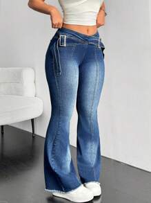 SHEIN ICON Women Skinny Jeans With Pockets And Fur Edges - Blue - View 5