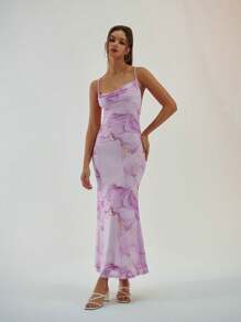 Aloruh 全新优雅粉色大理石印花修身垂坠领美人鱼连衣裙 - 淡紫色 - 查看 3