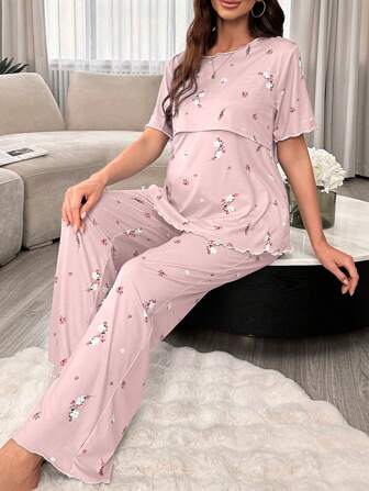 Moonlight & Mama Maternity Floral Nursing Short Sleeve Top & Pants Pajama Set