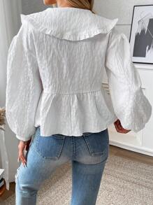 Chiquease Blusa oversize con colletto a fiocco e bottoni frontali in tessuto jacquard per donna - Bianco - Visualizzare 2