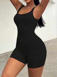 Sirith Women Summer Fall Casual Seamless Knit Solid Color Sports Outdoor Tight Romper Unitard Jumpsuit