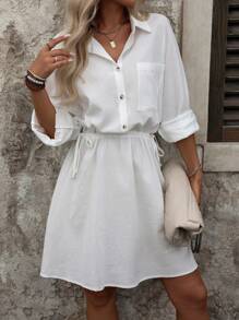 SHEIN LUNE Elastic Waist Pleated Shirt Dress - White - View 7