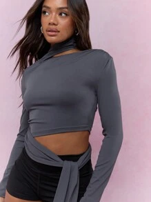 MISSGUIDED Jersey Tie Detail Waist Cut-Out Polo Neck Long Sleeves Top