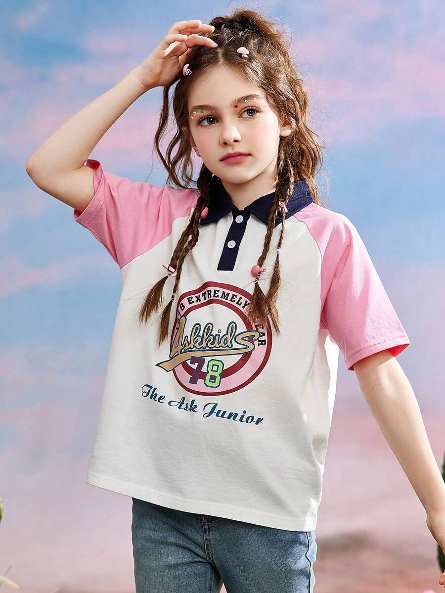 ASK JUNIOR T-shirt d'été imprimé pour filles pré-adolescentes, style collégial pour la rentrée scolaire - Rose bonbon - Voir 1