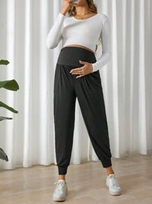 SHEIN Maternity Solid Color Adjustable Waist & Leg Cuff Casual Pants - Black - View 5