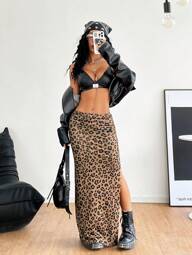 Coolane 걸 스트릿웨어 섹시한 표범 무늬 주름 슬릿 맥시 스커트, 음악 축제 아웃핏 여름용 쿨 걸