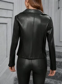 SHEIN Clasi 女士撞色领短款 PU 皮夹克，优雅冬季风衣 - 黑與白 - 查看 3