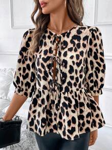 SHEIN Clasi Women Leopard Print Ruffle Hem Round Neck Casual Winter Fall Women Clothes Thanksgiving Halloween Women Homecoming Work Clothes Date Night Shirt - Brown - View 8