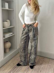 INAWLY Women Leopard Print Tie Front Straight Leg Casual Pants