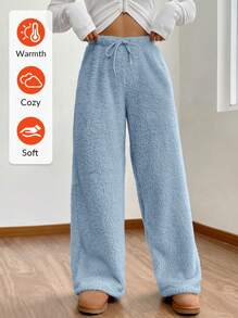 Muchica Women's Solid Color High Waist Drawstring Fluffy Wide Leg Loose Pants - Blue - View 2